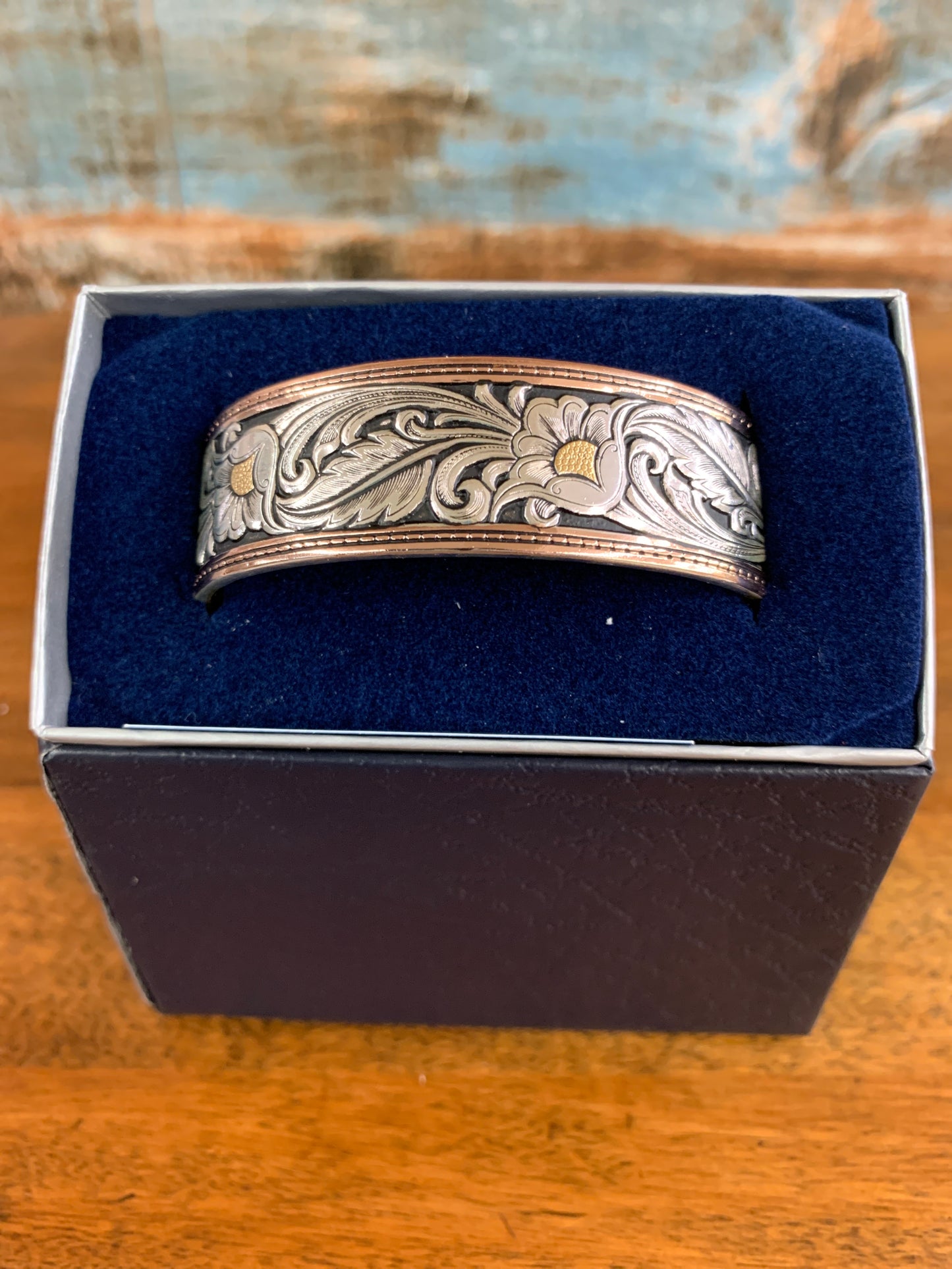Gold Silver Copper Tooled Patterned Cuff Bracelet