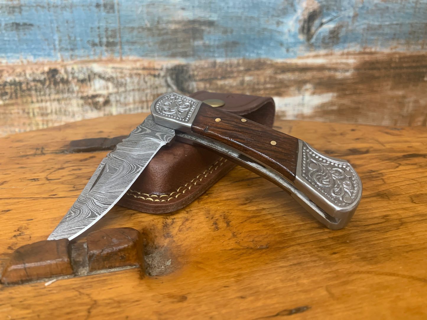 Damascus Walnut Wood Steel Pocket Knife