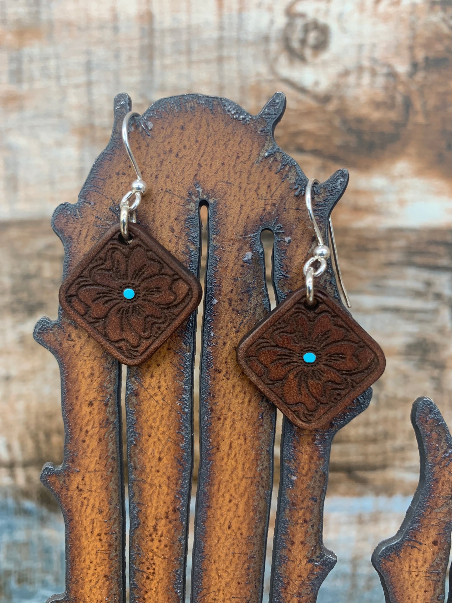 Handmade Leather Earrings W/ Tooled Flower