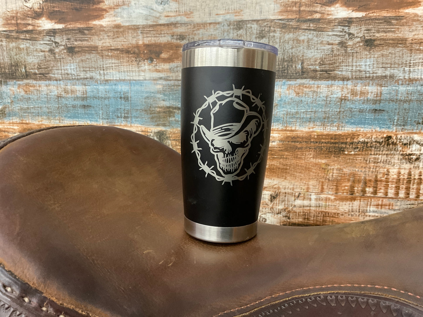 Tahoe Silver & Black Cowboy Skull Tumbler