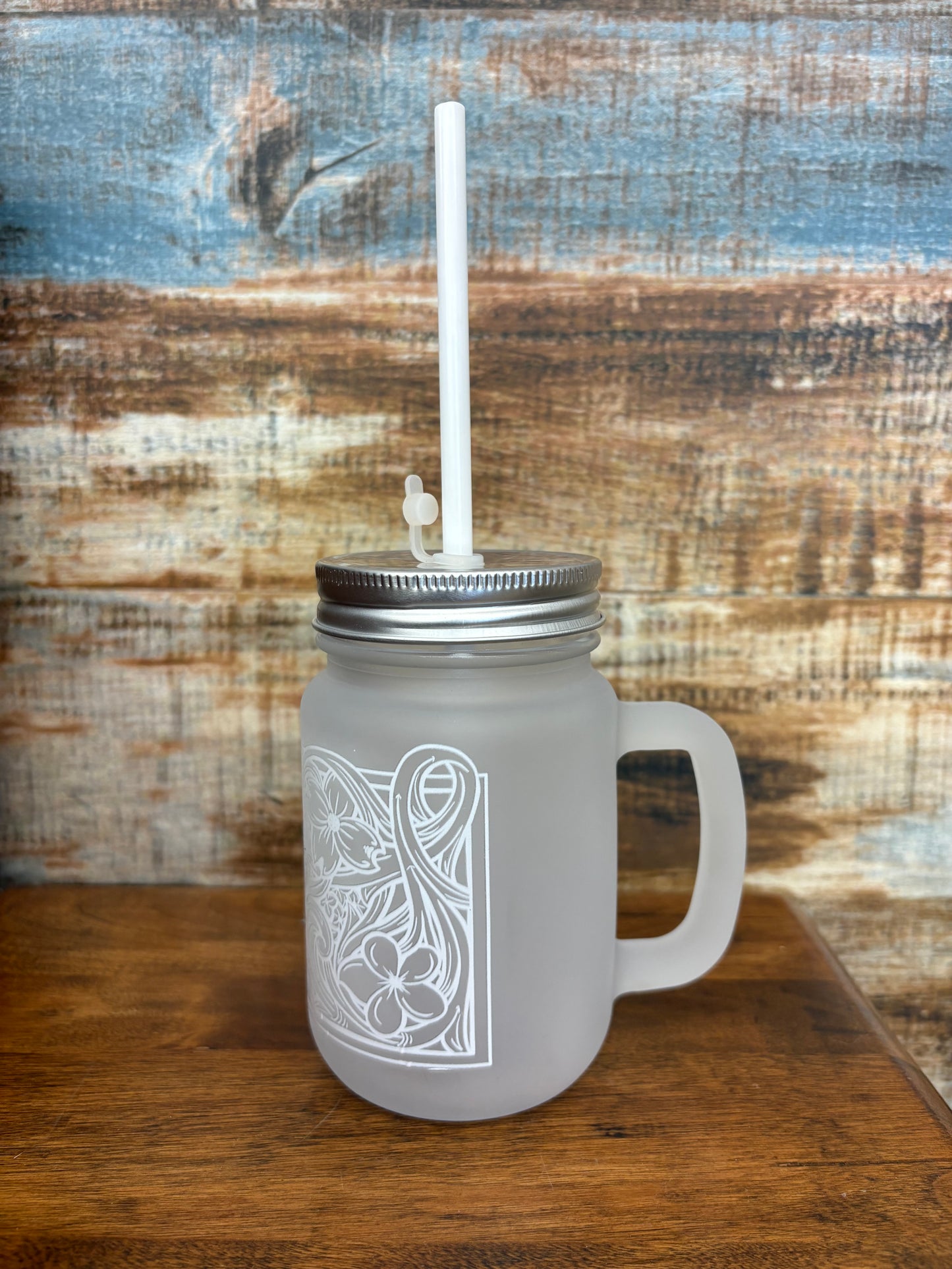 Floral Tooled Mason Jar Cup