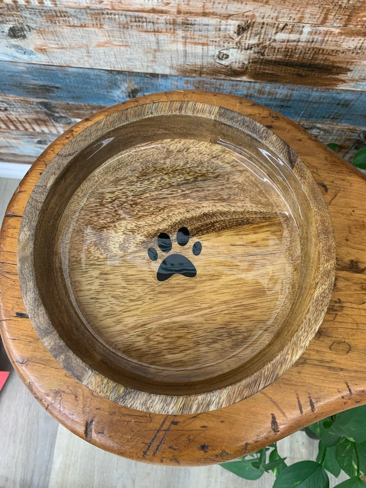 Round Wooden Dog Bowl W Paw Design