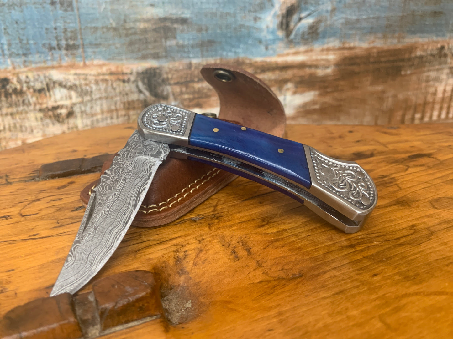 Damascus Blue Dyed Bone Knife