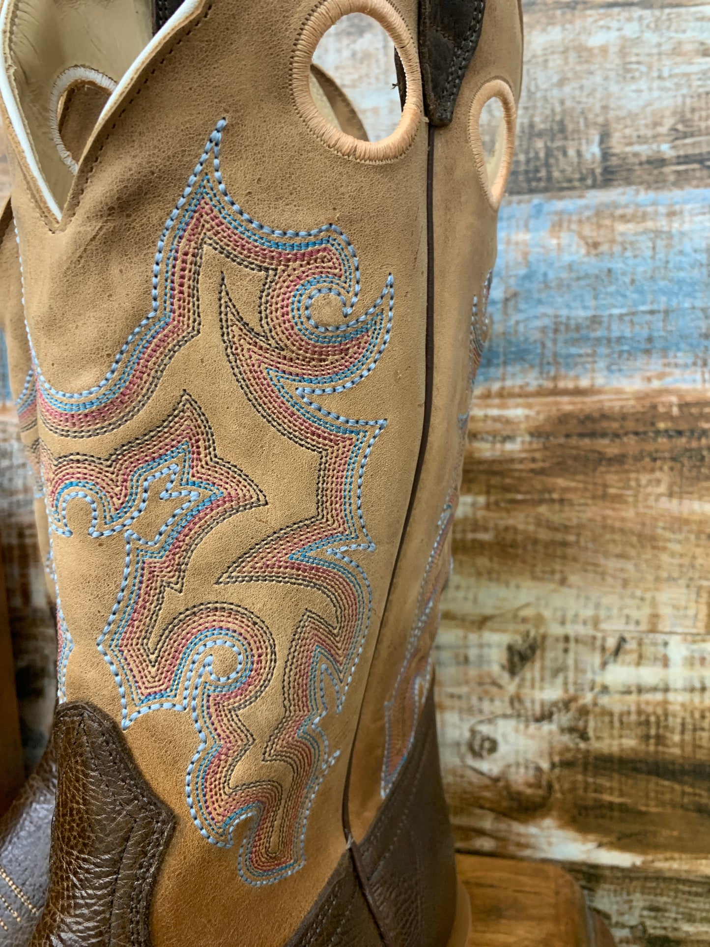 Men’s Boulet Boots Tan W Blue/Pink/ White, and Chocolate Boot 5916