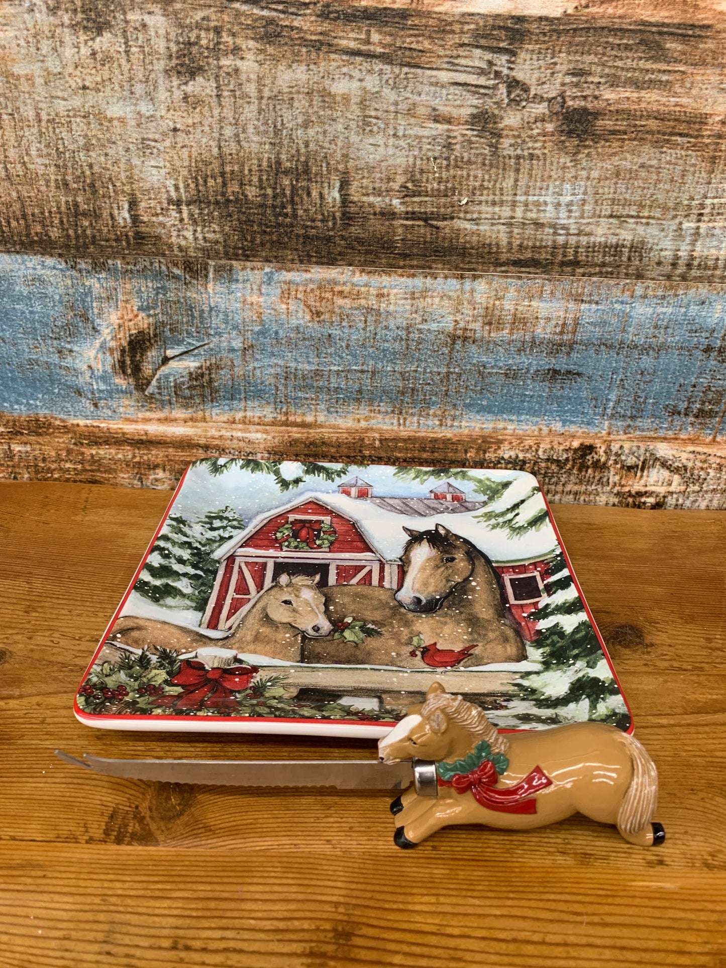 Christmas Horse Cheese Platter W/ Knife
