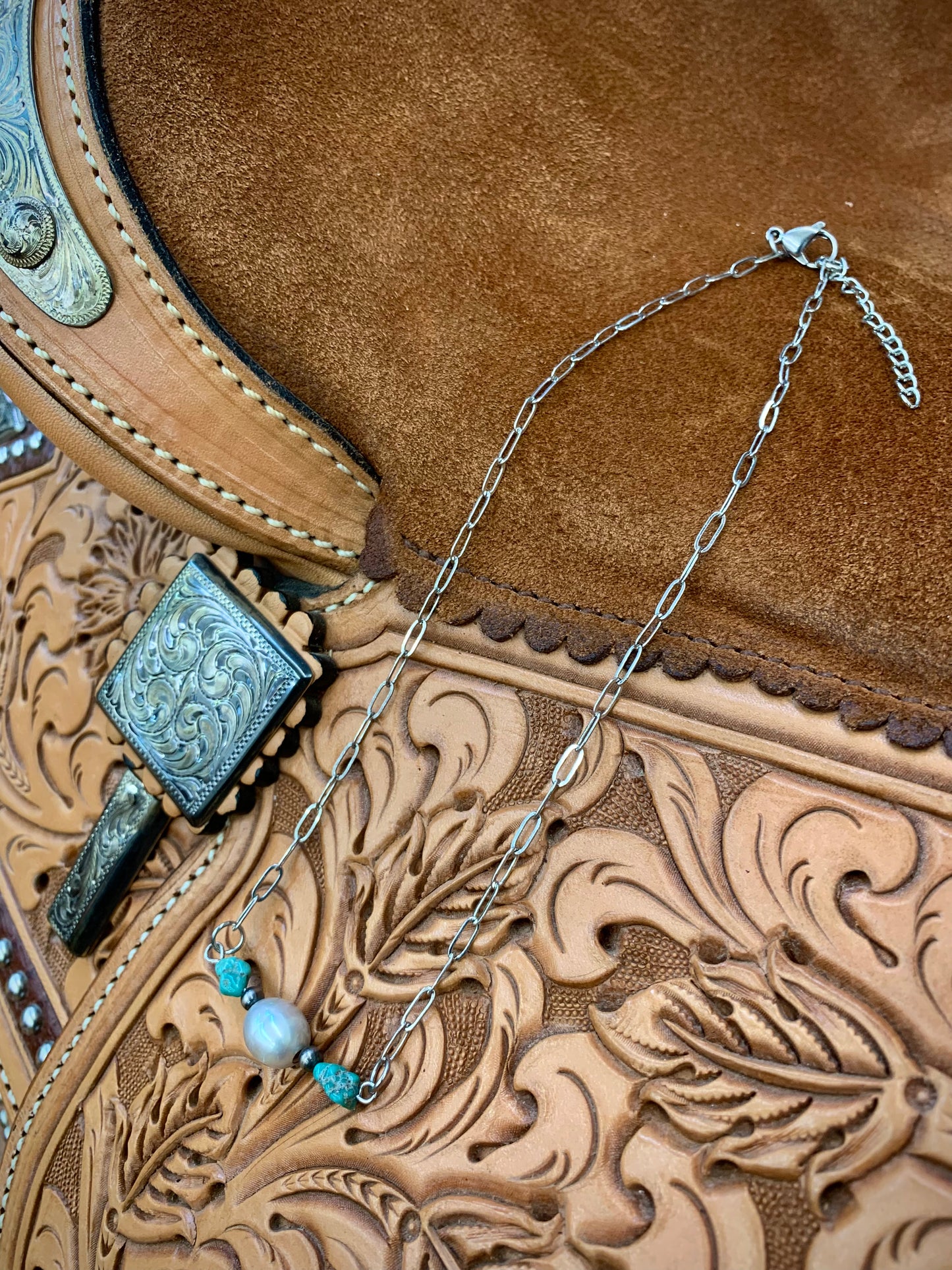 Genuine Turquoise with Freshwater Pearl Bar Choker