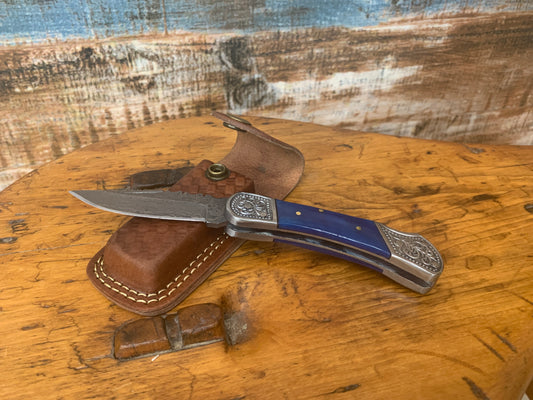 Damascus Blue Dyed Bone Knife
