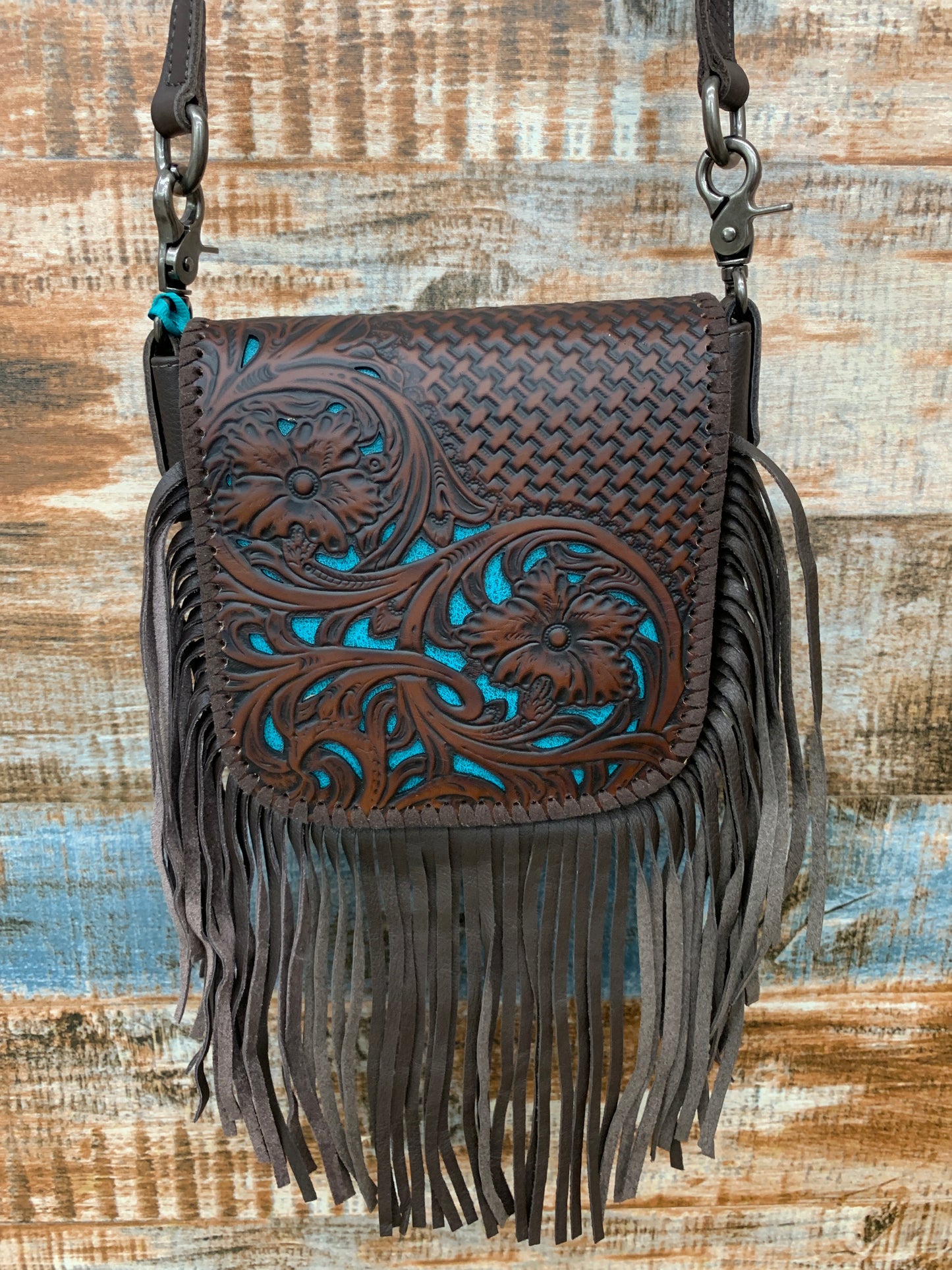 Montana West leather tooled collection fringe cross body