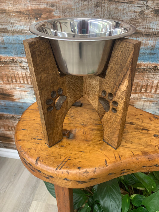 Rustic Wooden Stand W Dog Bowl