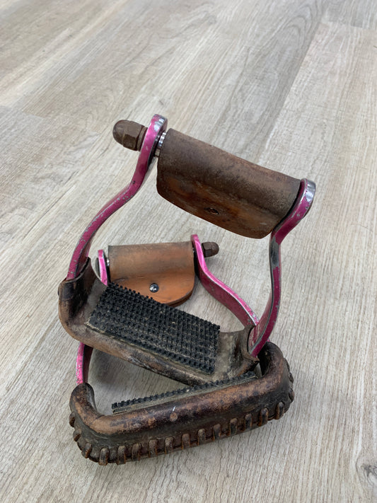 Used Pink Metal Barrel Stirrups