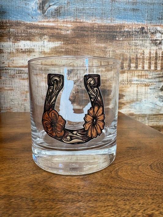 On The Rocks Glass W/ tooled horseshoe