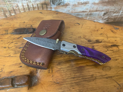 Handmade Damascus Purple Handle Folding Knife