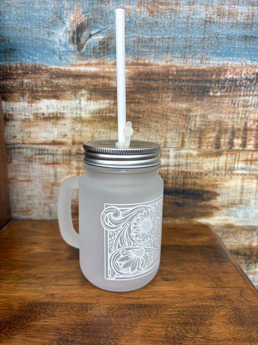 Floral Tooled Mason Jar Cup