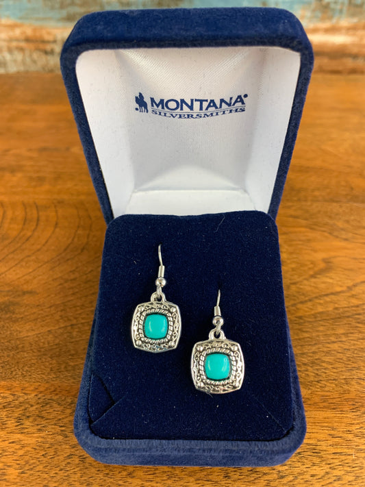 Antique Silver Square Filagree Turquoise Drop Earrings