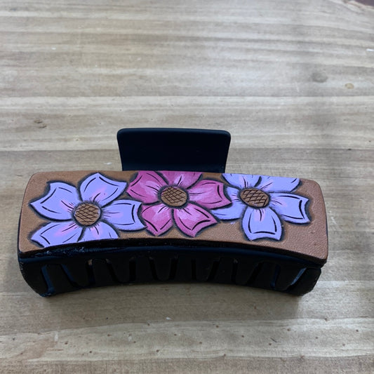 TC Flower Tooled Leather and Black Large Hair Clip