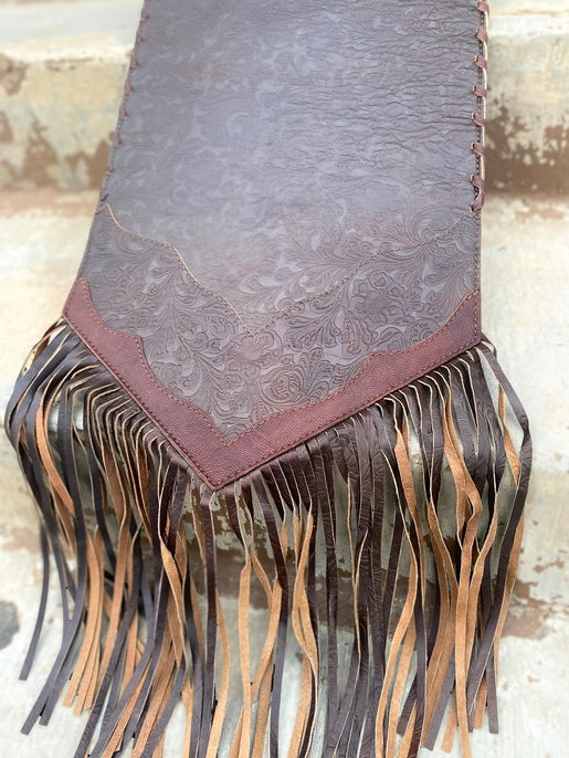 6 ft Tooled Leather Fringed Table Runner