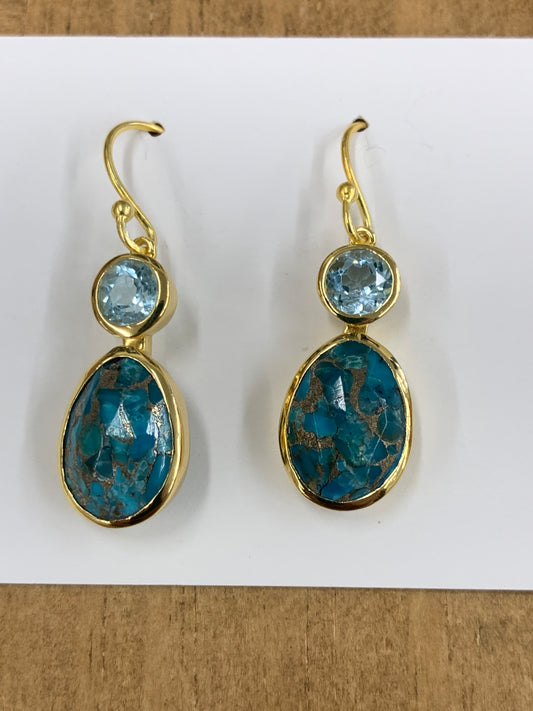 14K Gold Plated Turquoise & Sky Blue Topaz Drop Earrings