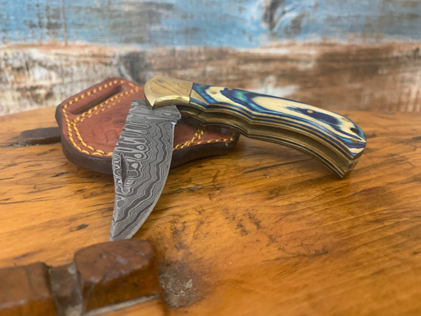 Ocean Wave Damascus Folding Knife