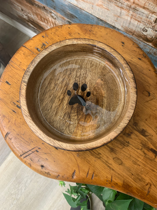 Round Wooden Dog Bowl W Paw Design