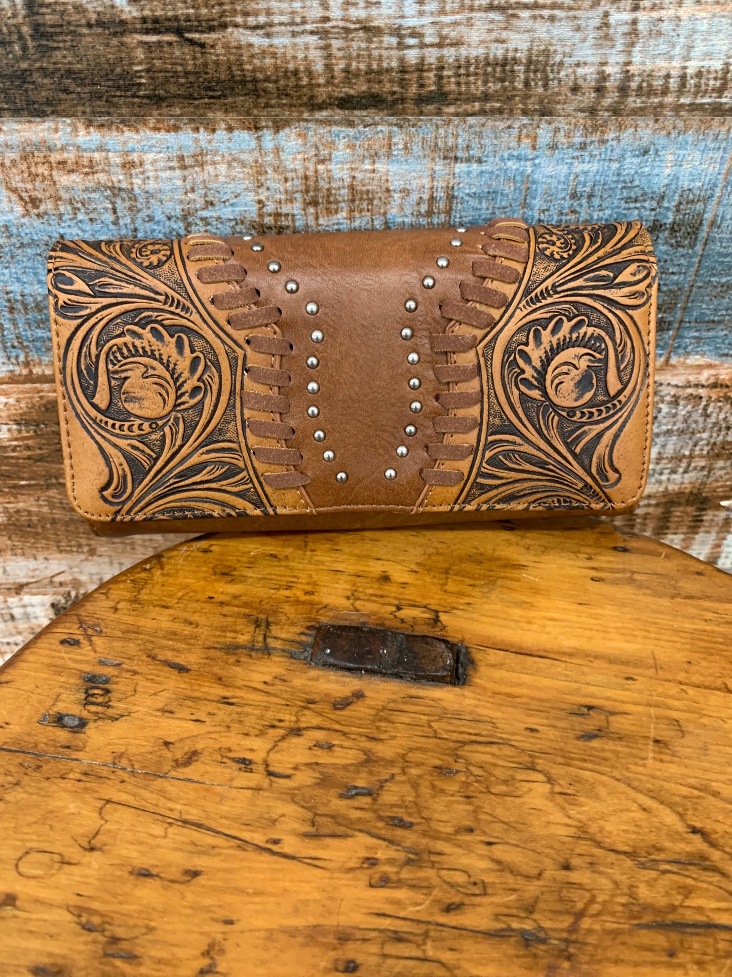 Trinity Ranch vintage floral tooled wallet brown