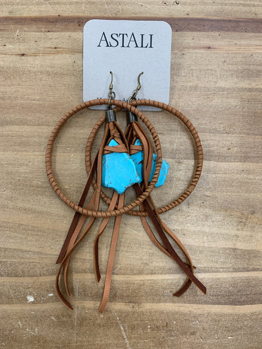 Deerskin Leather wrapped Hoop Earrings w Turquoise Stone