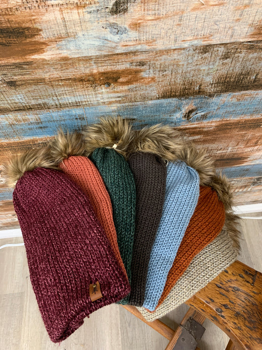 Knit Toque With Fur Pom Pom