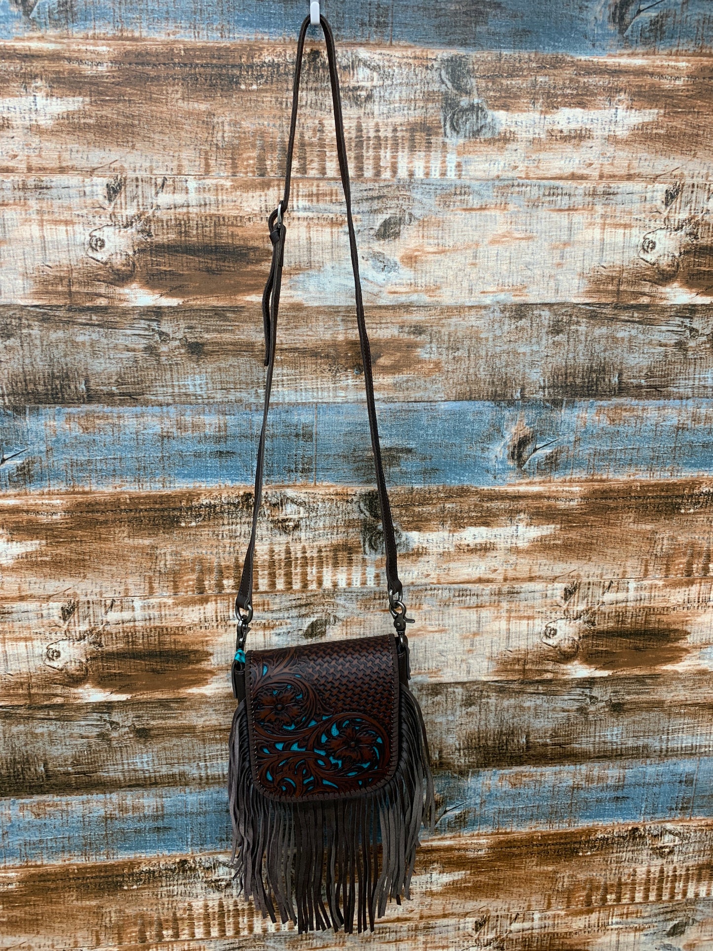 Montana West leather tooled collection fringe cross body