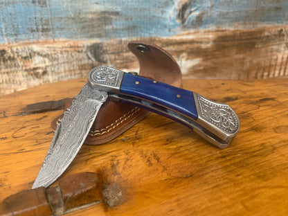 Damascus Blue Dyed Bone Knife