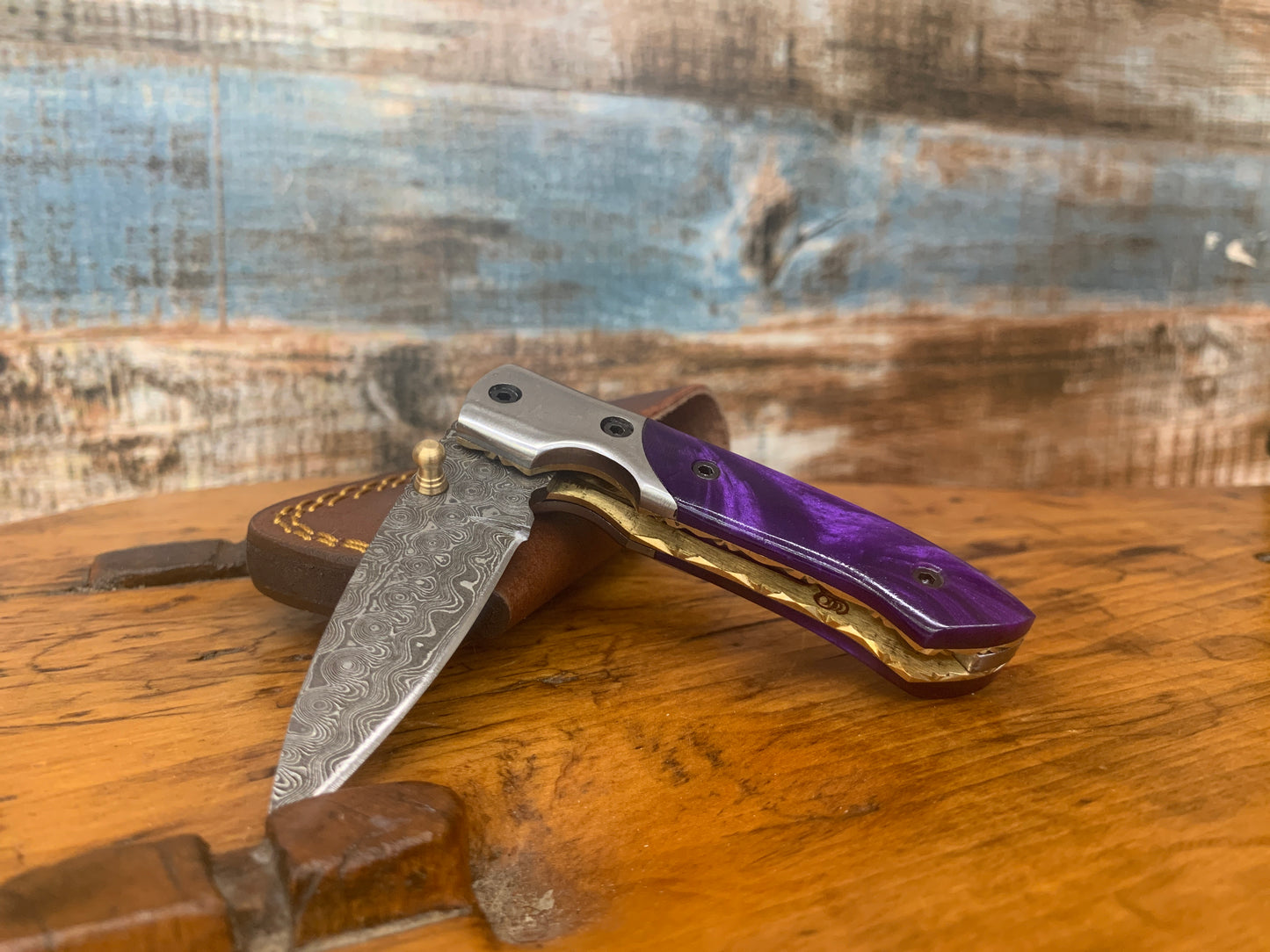 Handmade Damascus Purple Handle Folding Knife