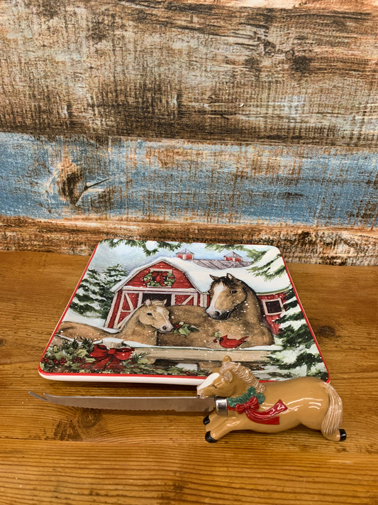 Christmas Horse Cheese Platter W/ Knife