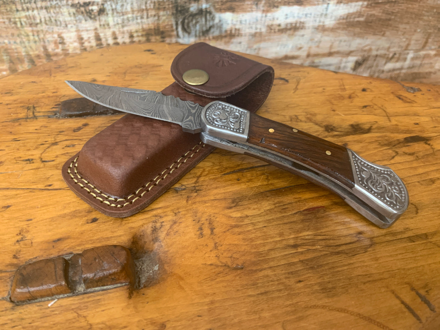 Damascus Walnut Wood Steel Pocket Knife