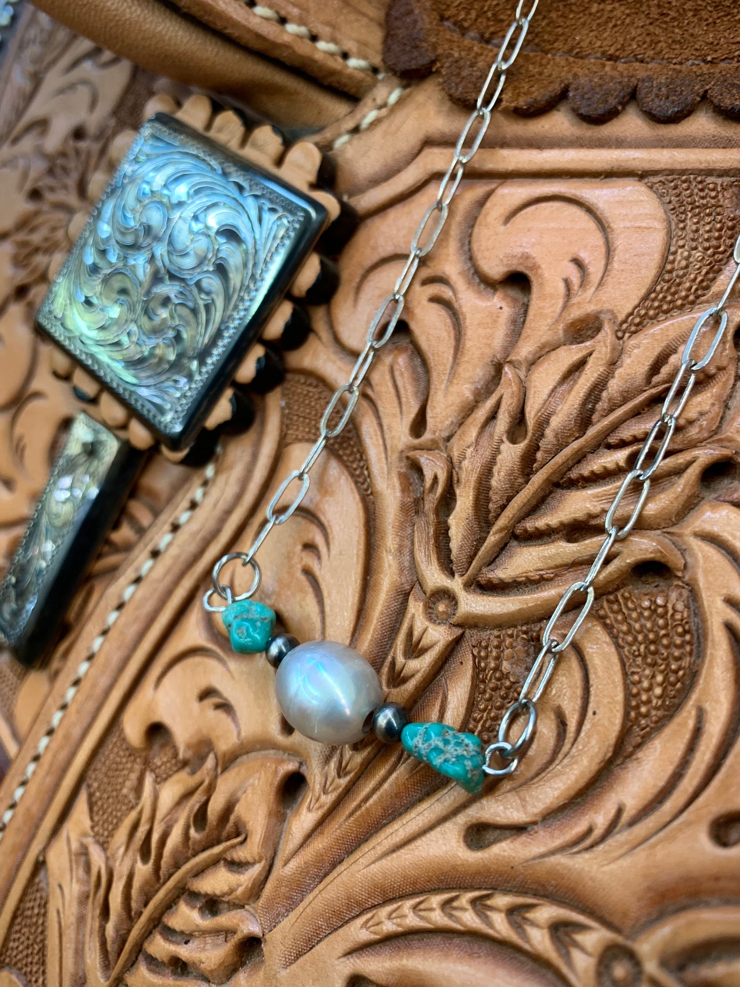 Genuine Turquoise with Freshwater Pearl Bar Choker