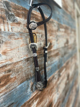 Load image into Gallery viewer, One Eared Dark Oil Shaped Buckle and Concho Headstall
