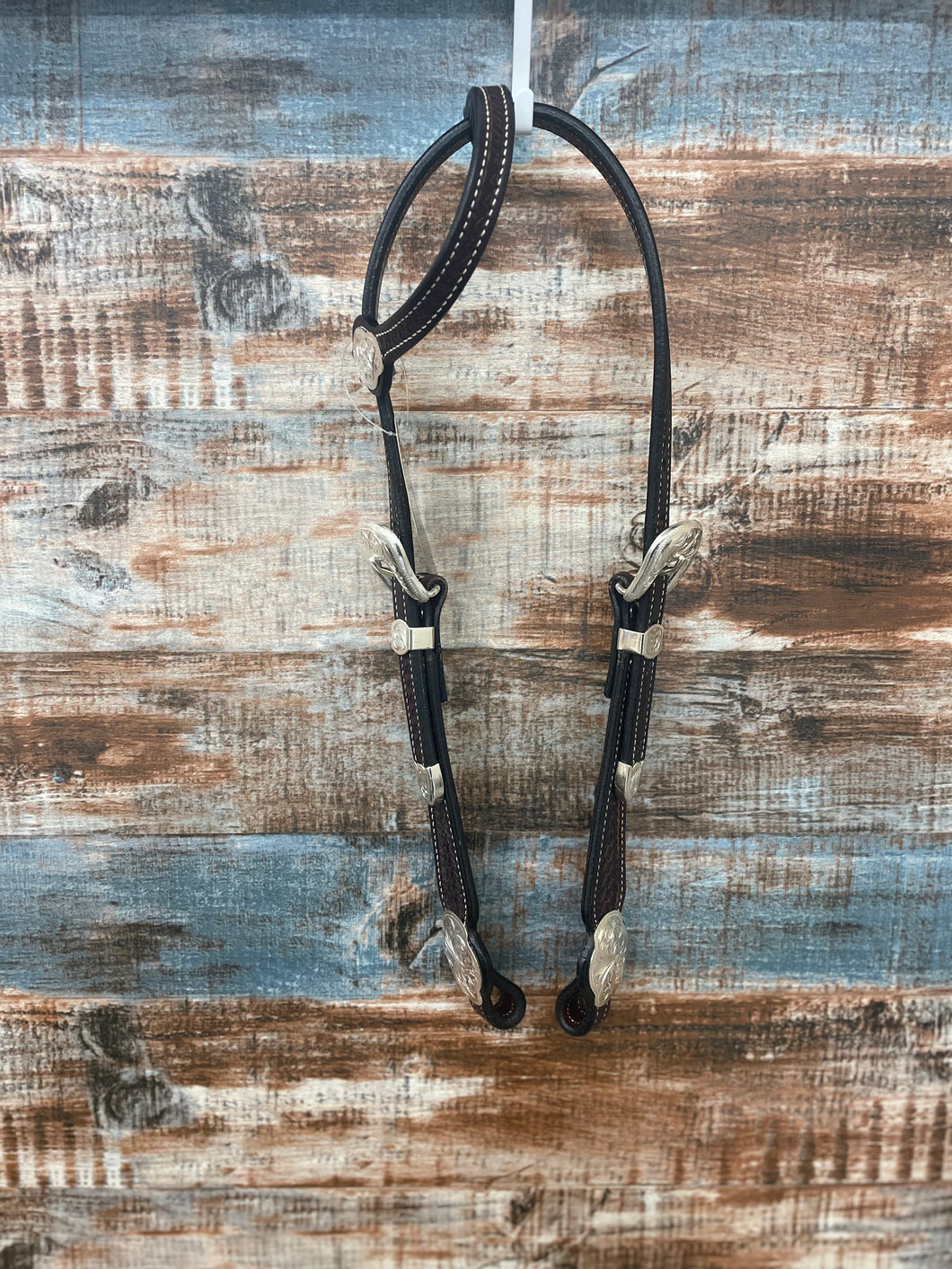 One Eared Dark Oil Shaped Buckle and Concho Headstall