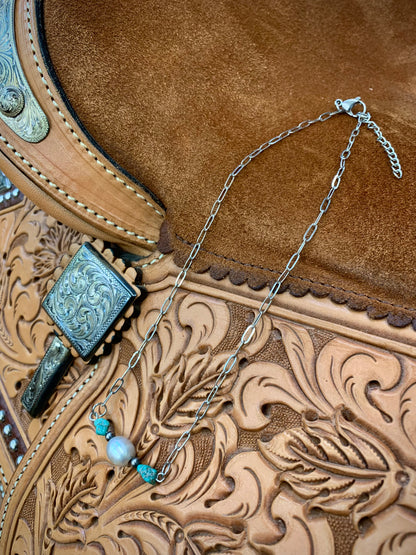 Genuine Turquoise with Freshwater Pearl Bar Choker