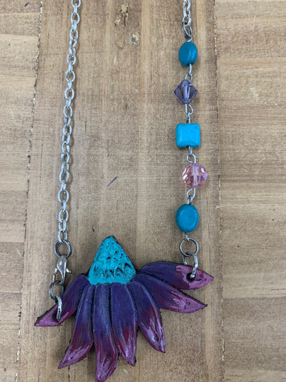 Cone Flower Tooled Leather W Crystal & Turquoise Chip Beads