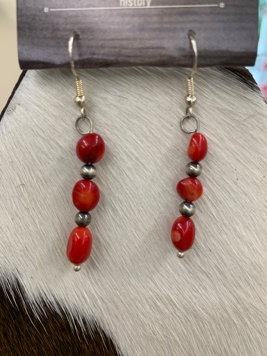 Authentic Navajo Pearl & Red Seed Stone Drop Earrings