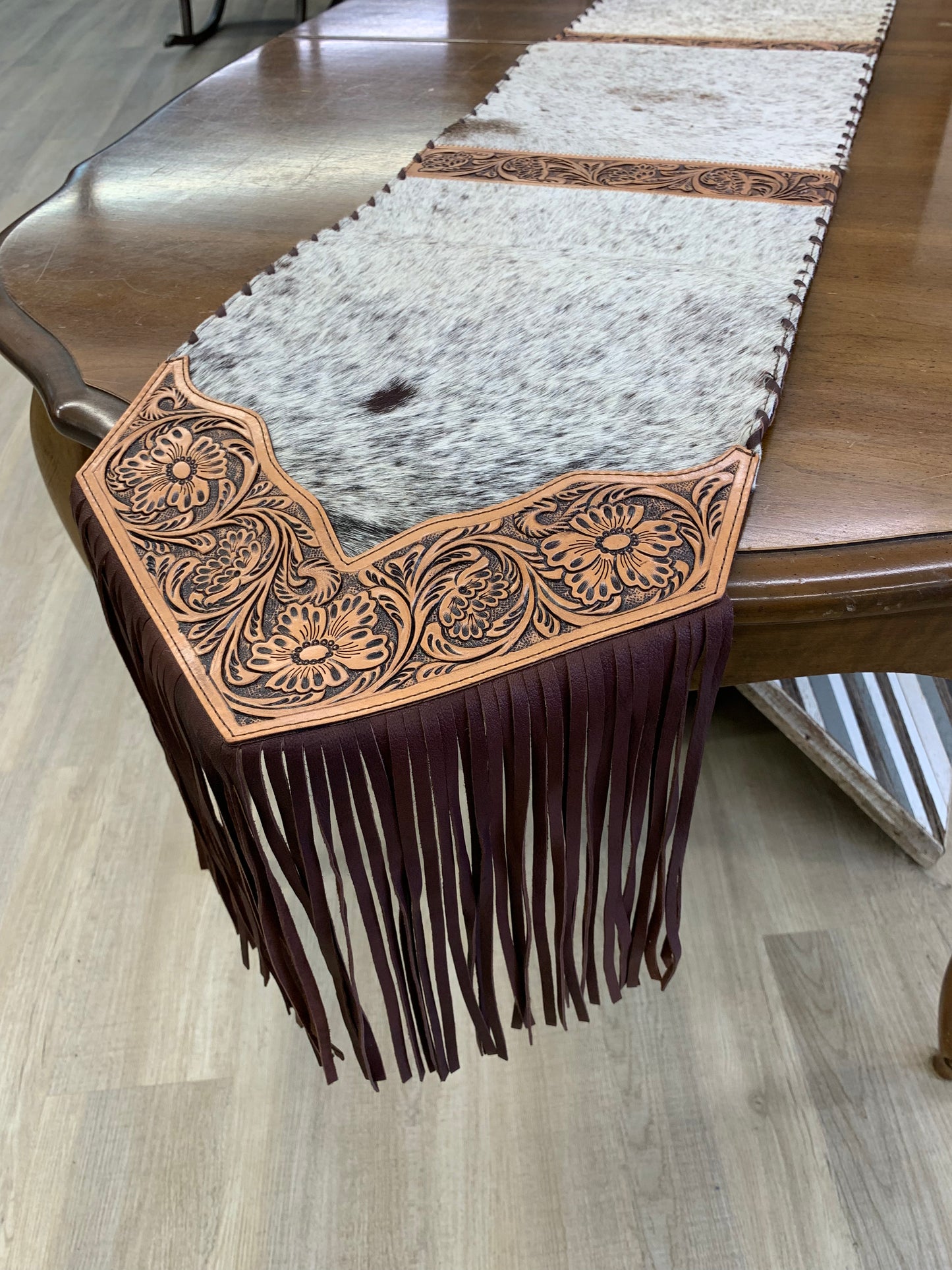 Cream 6’ Leather Cowhide Fringe Table Runner