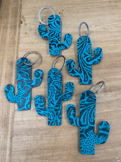 Cactus Embossed Turquoise Leather Key Chain