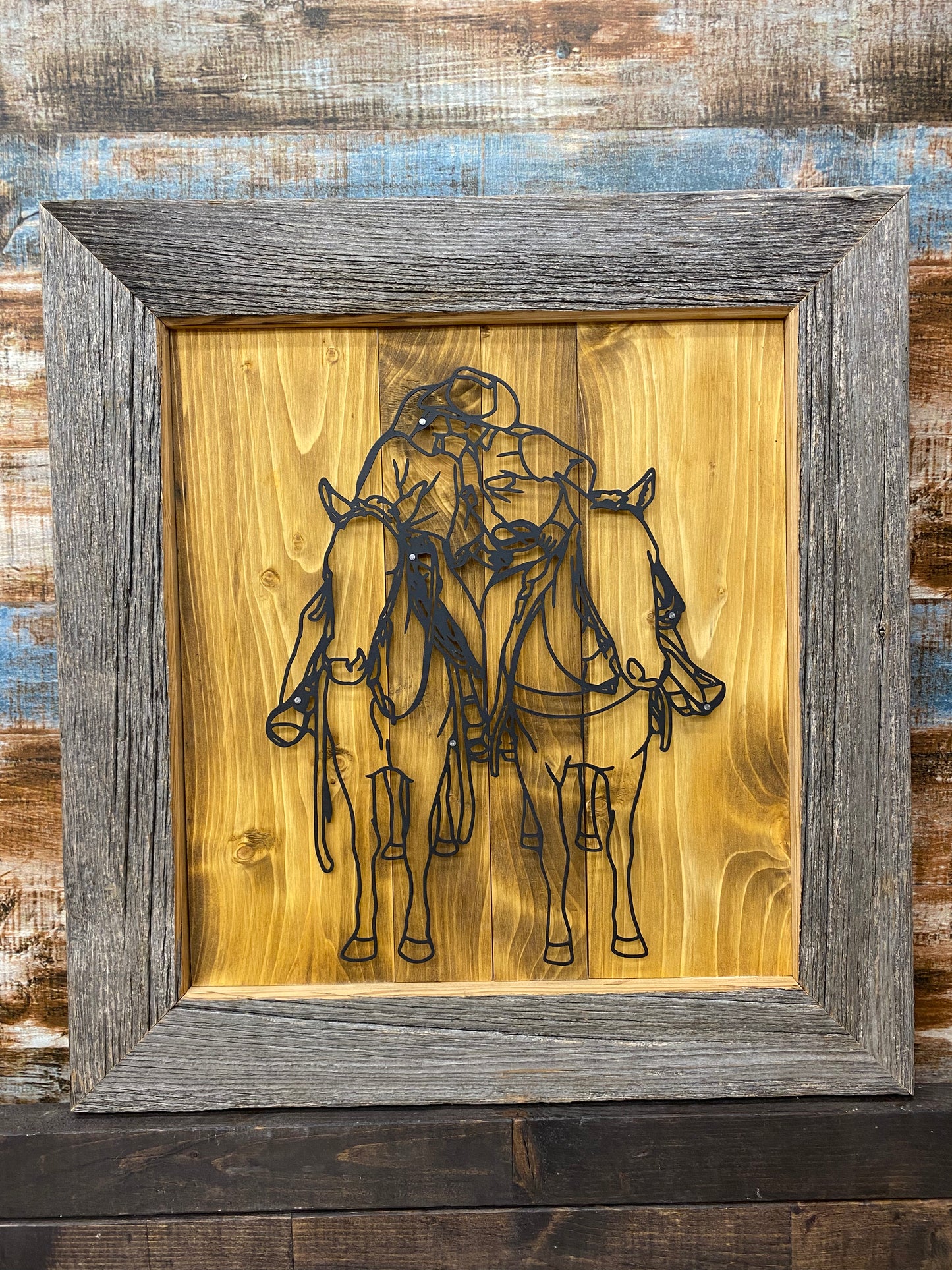 Rustic Horseback Couple Metal Art
