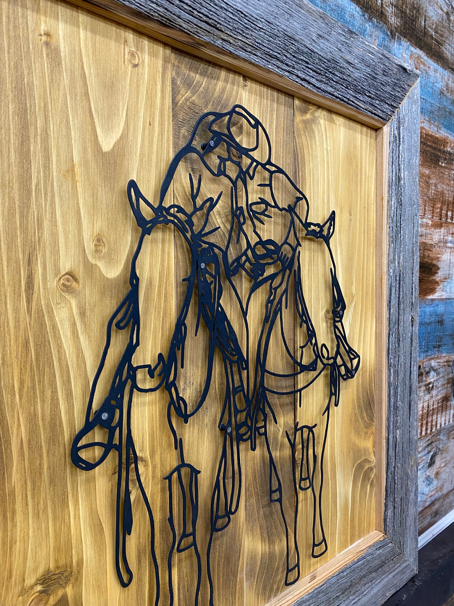 Rustic Horseback Couple Metal Art