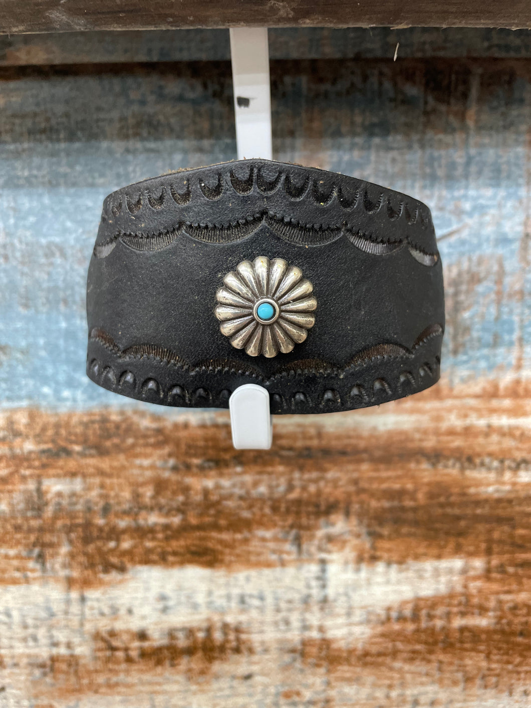 Black Leather Bracelet with Turquoise Concho