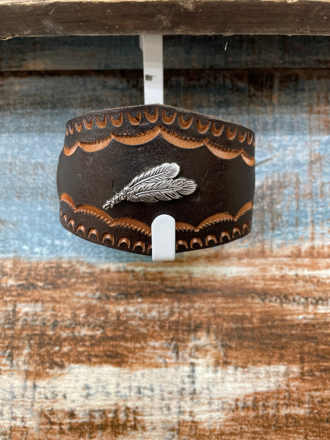 Brown Leather Bracelet with Feathers