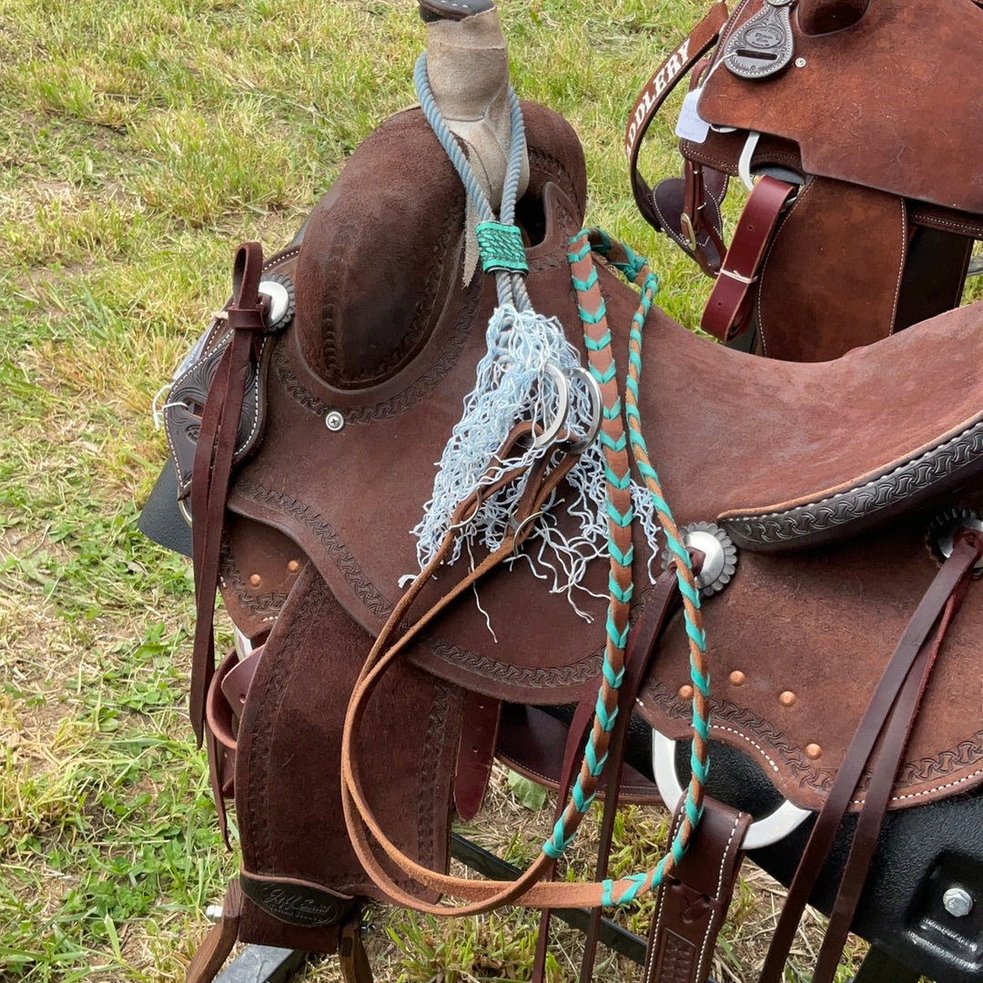 War Bridle w Turquoise Stitched Barrel Reins